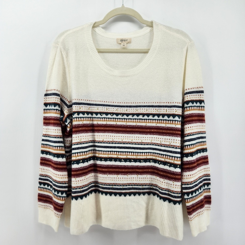 Style & Co‎ Women's Ivory Striped Crew Neck Long Sleeve Sweater Size Large